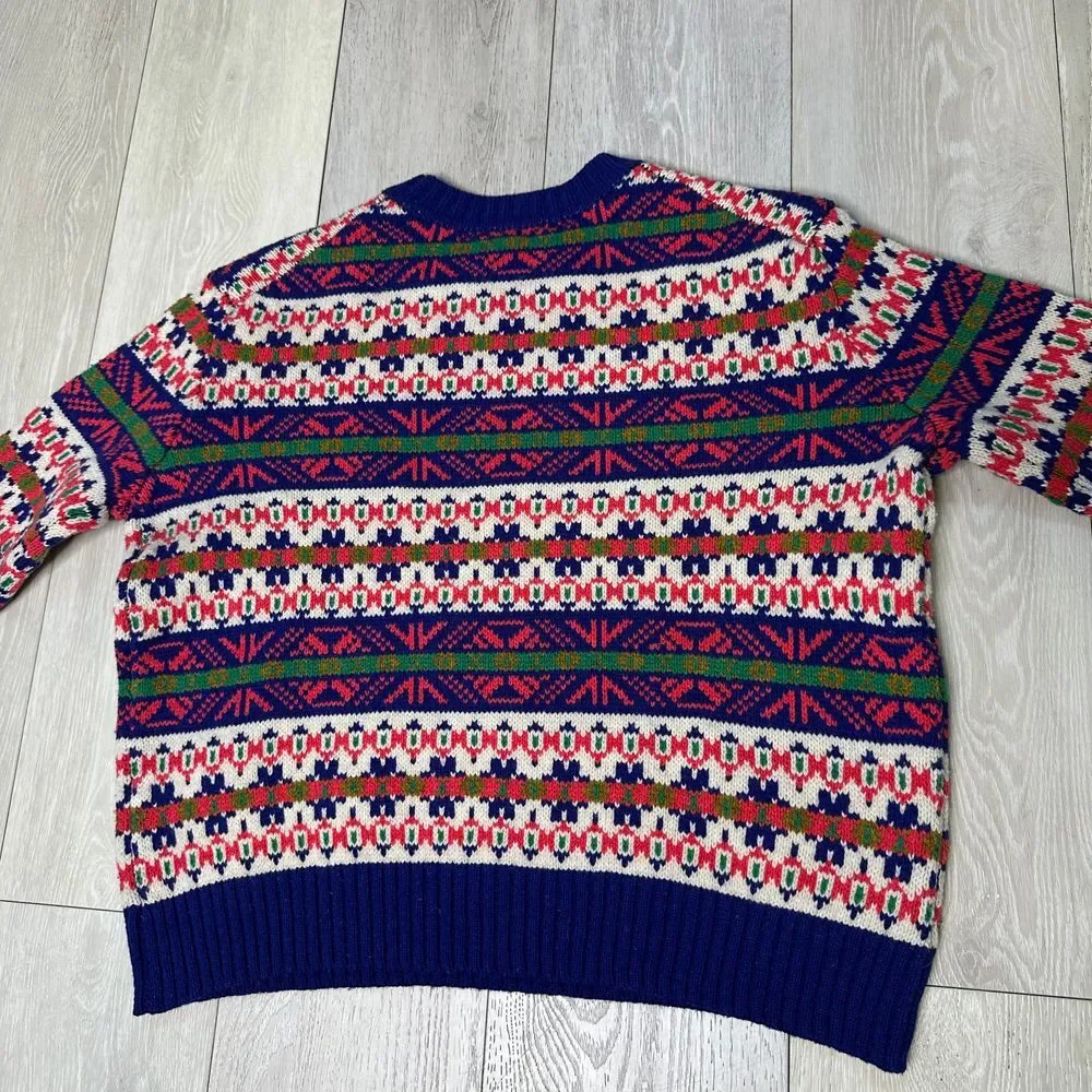 Lambs wool j crew multi color red green pattern pullover knit sweater size small